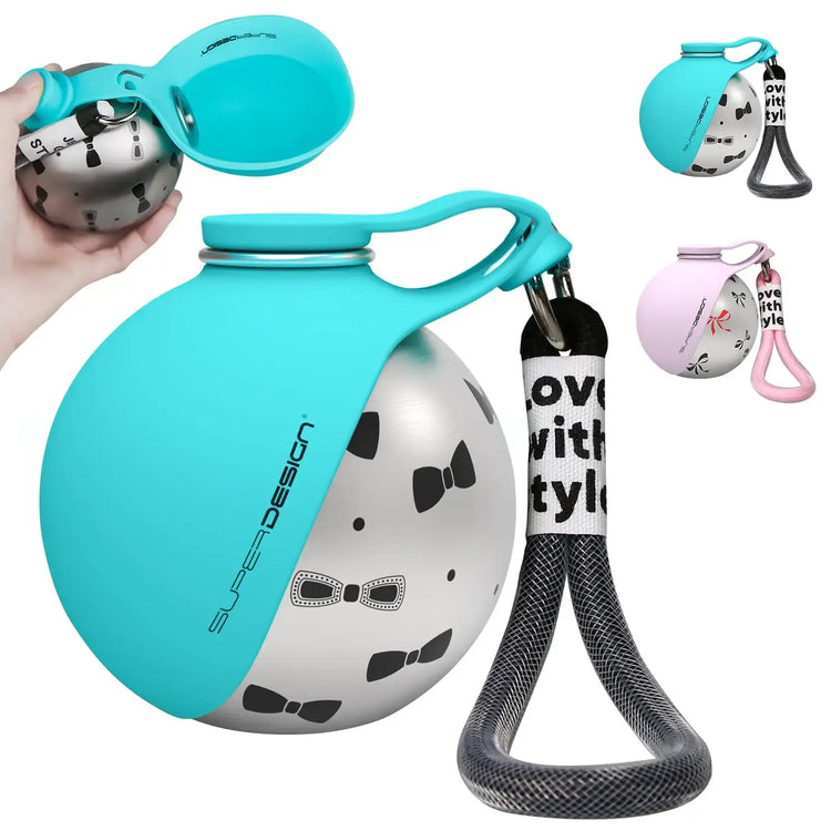 2-in-1 portable dog water bottle for small dogs in teal with silicone cap and leash, stainless steel design.
