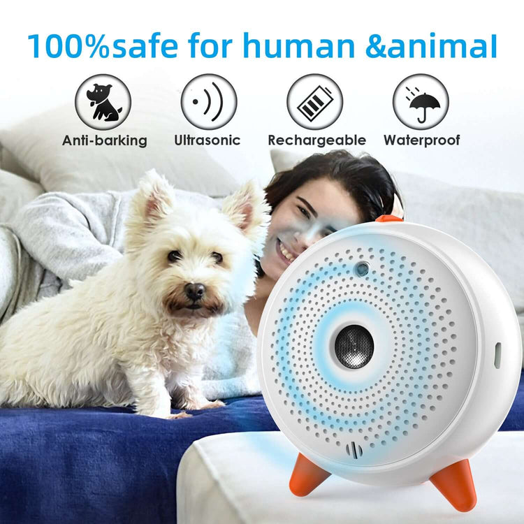 Ultrasonic Anti-Bark Device for Dogs displayed with pet, showcasing ultrasonic bark control device features like safety and rechargeability.
