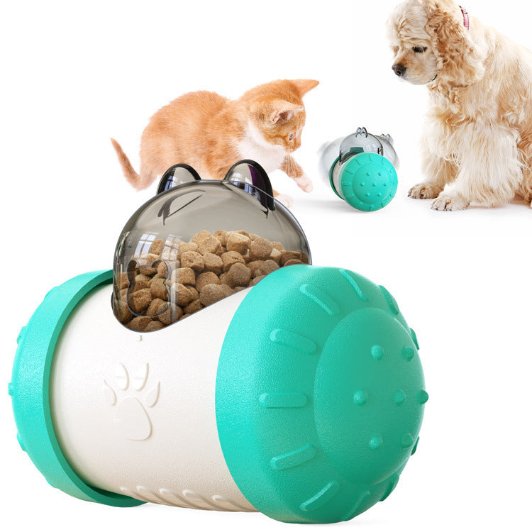 Juguete dispensador de premios interactivo en azul, para gatos y perros, con mascotas jugando y divirtiéndose.