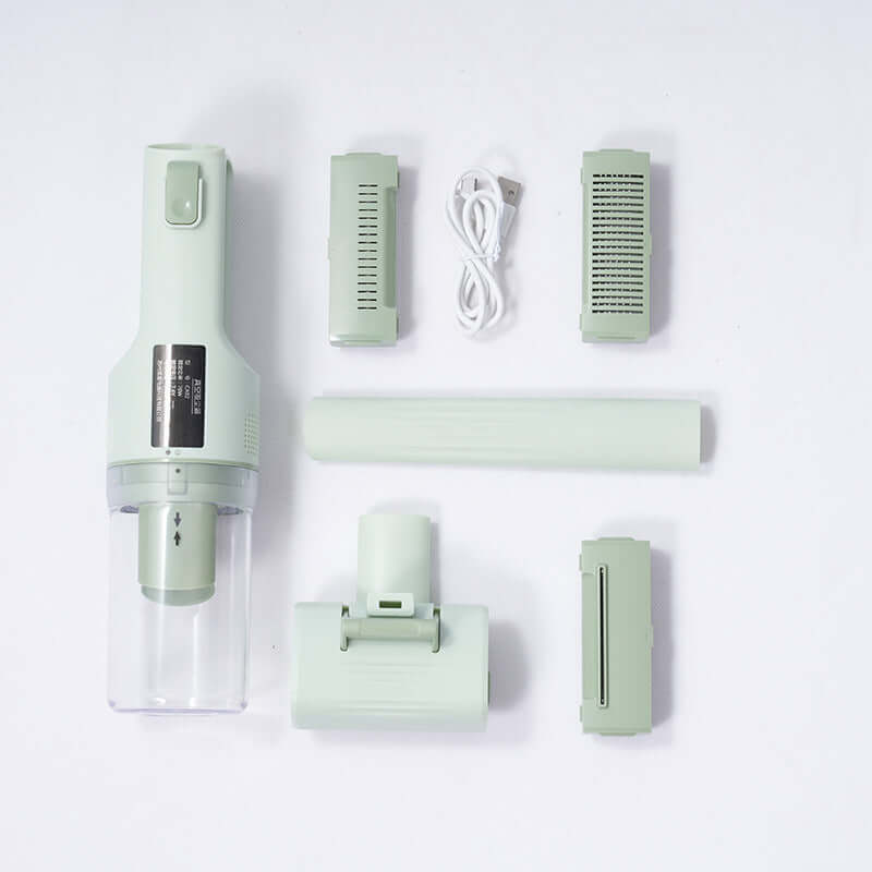 Portable pet grooming vacuum for dogs and accessories including brushes, combs, and data cable.