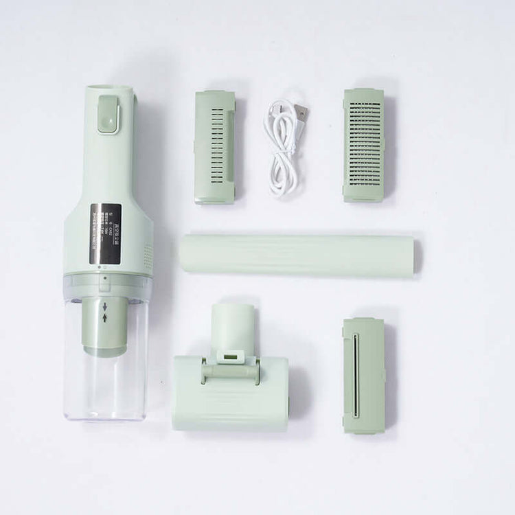 Portable pet grooming vacuum for dogs and accessories including brushes, combs, and data cable.