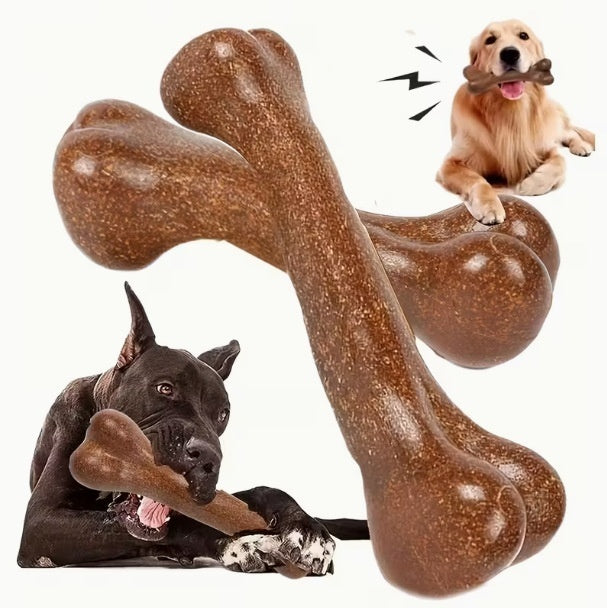 Durable chew toy for dogs featuring brown bone shapes, ideal for large and small breeds to enjoy chewing.