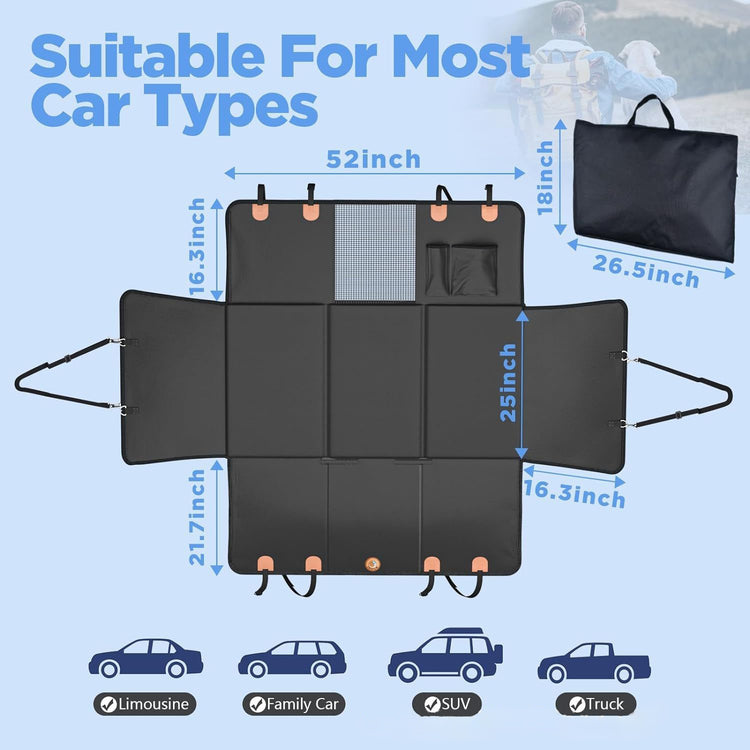 Car back seat extender for dogs suitable for various car types with full dimensions and storage pockets.