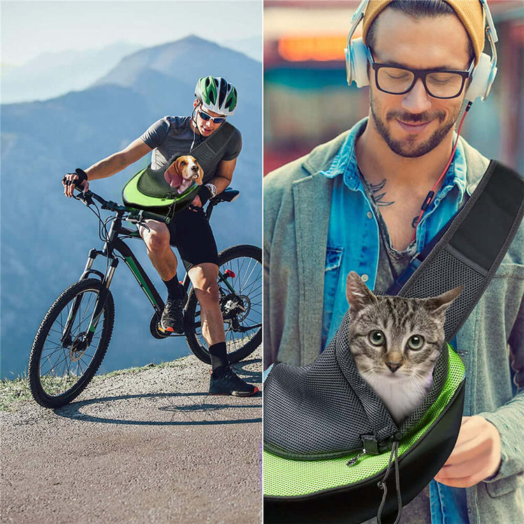Man biking with a dog in a breathable pet crossbody backpack, and another man with a cat in a similar carrier.