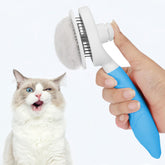 Cepillo autolimpiable para gatos usándose en un gato con expresión juguetona.