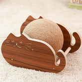 Durable small cat scratcher designed as a cute cat shape with a rope ball for scratching and play.