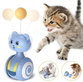 Image of an interactive feather cat toy with a blue tumbler figure and a playful kitten, showcasing fun playtime for pets.