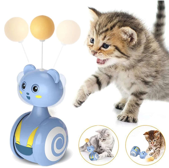 Image of an interactive feather cat toy with a blue tumbler figure and a playful kitten, showcasing fun playtime for pets.