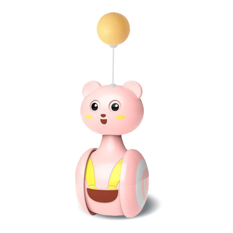 Interactive feather cat toy featuring a cute pink bear tumbler design with a yellow ball on top.