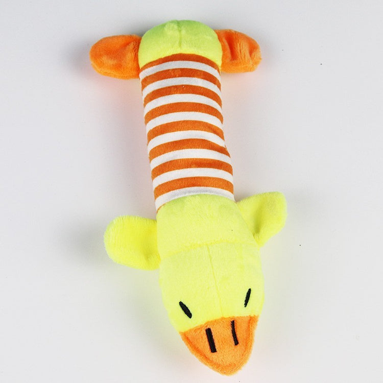 Juguete mordedor de peluche resistente para perros con diseño de pato de rayas amarillas, perfecto para morder y jugar.