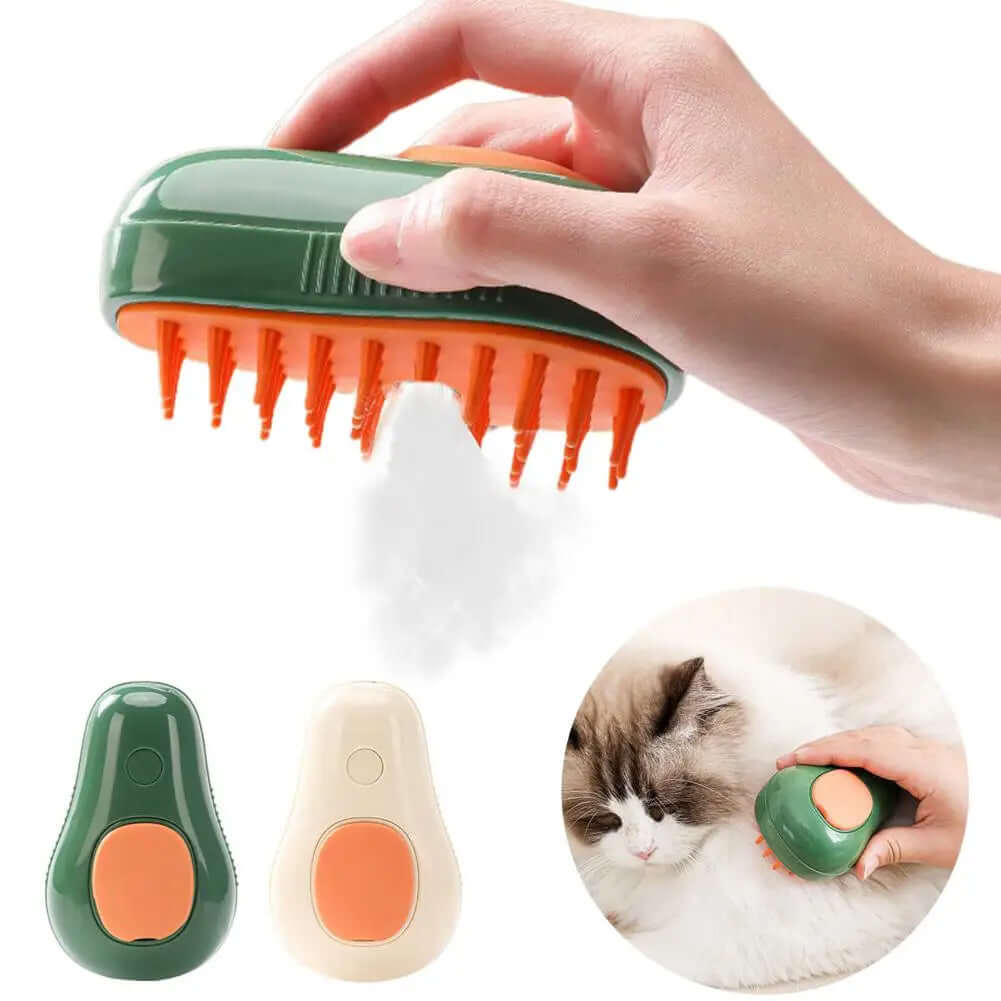 Electric steam brush for pets being used on a fluffy cat&