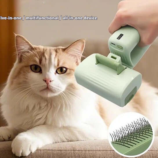 Portable pet grooming vacuum for dogs with a handheld design, showcasing its multifunctional features alongside a cat.