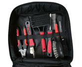 Portable pet cleaning kit with 9 hygiene accessories in a black case, featuring red and black grooming tools for dogs and cats.
