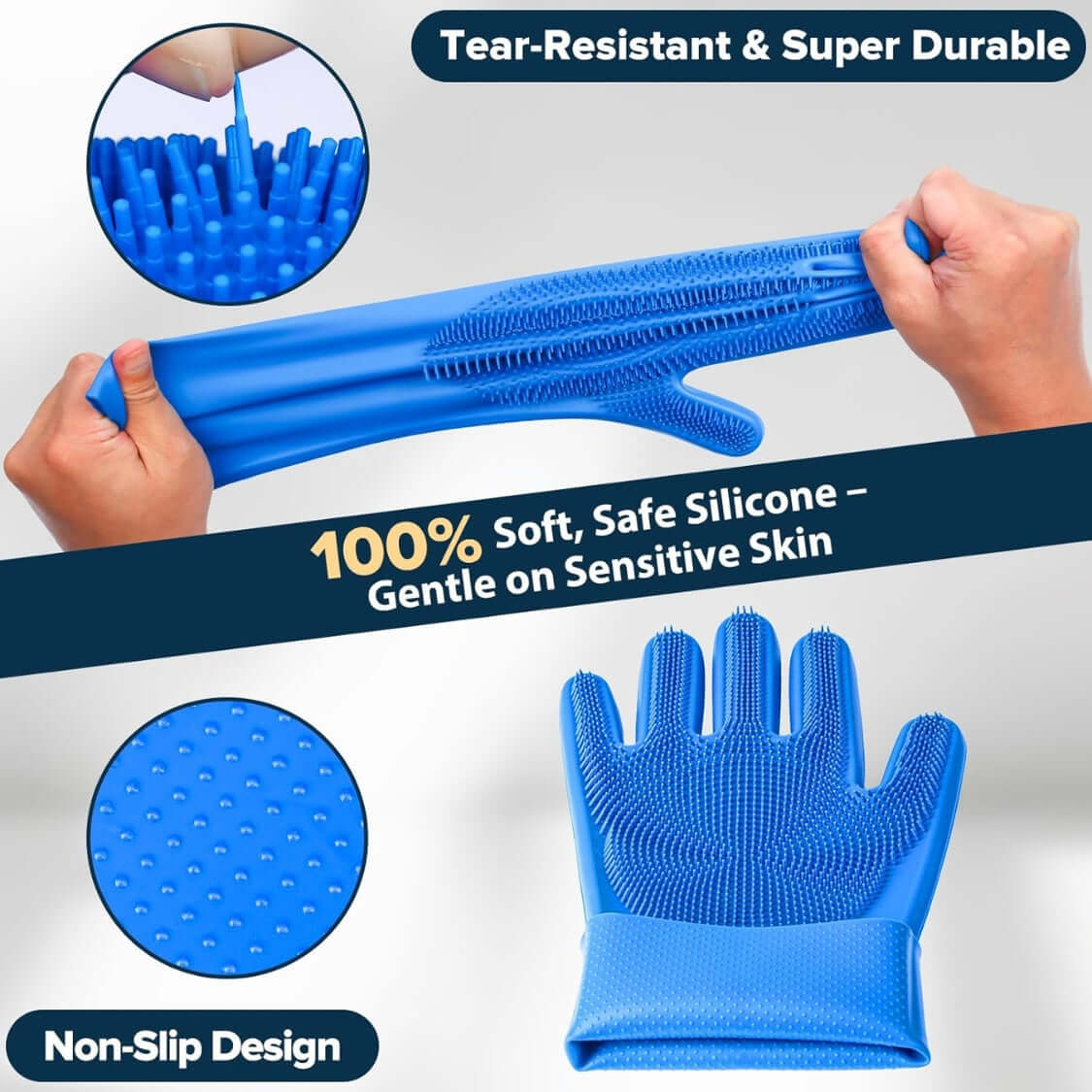 pet grooming kit for dogs and cats featuring soft silicone gloves, non-slip design for gentle grooming and bathing.