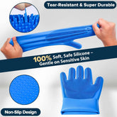 pet grooming kit for dogs and cats featuring soft silicone gloves, non-slip design for gentle grooming and bathing.