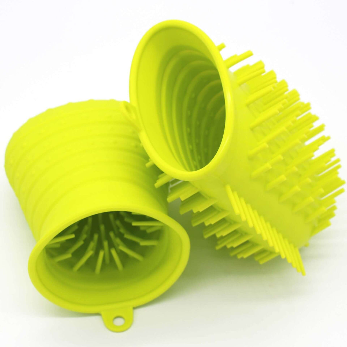 Portable dog paw cleaner in bright yellow, designed for easy pet paw washing and cleanliness.