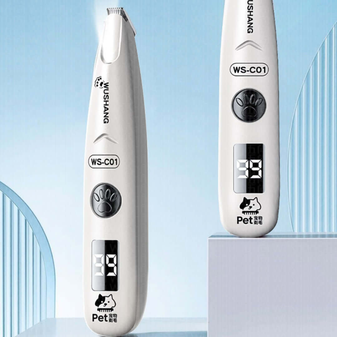 Rechargeable pet hair clipper for dogs and cats with digital display and compact design.