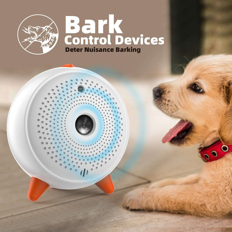 Ultrasonic bark control device next to a dog, designed to deter nuisance barking.