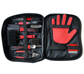 Portable pet cleaning kit featuring various grooming tools and brushes for effective pet hygiene.