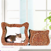 Large corrugated cardboard scratcher for cats featuring a leopard print design and two cozy lounging sections.
