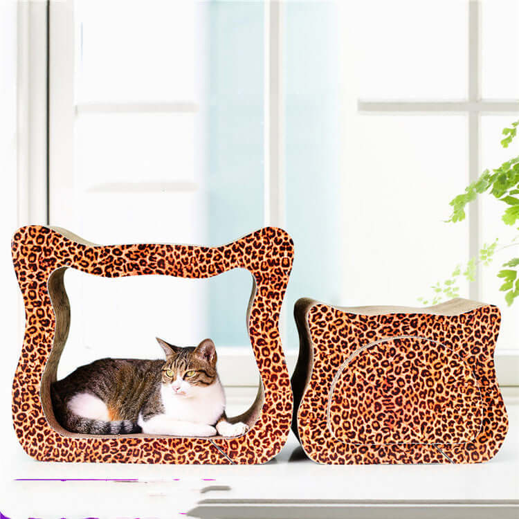 Large corrugated cardboard scratcher for cats featuring a leopard print design and two cozy lounging sections.
