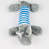 Juguete mordedor de peluche resistente para perros con diseño de elefante gris a rayas, ideal para morder y jugar.