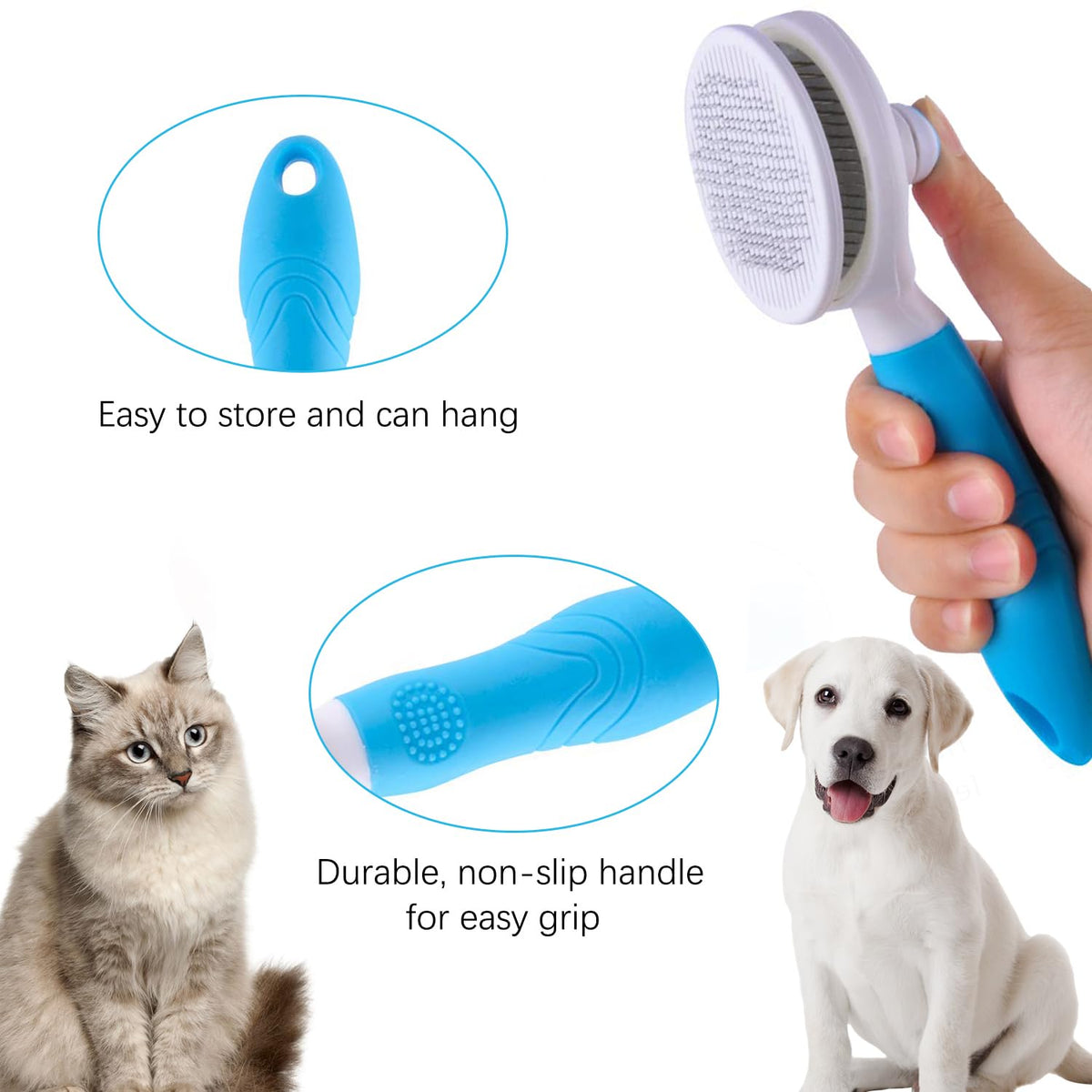 Cepillo autolimpiable para gatos con mango ergonómico de agarre cómodo, ideal para mascotas como gatos y perros.