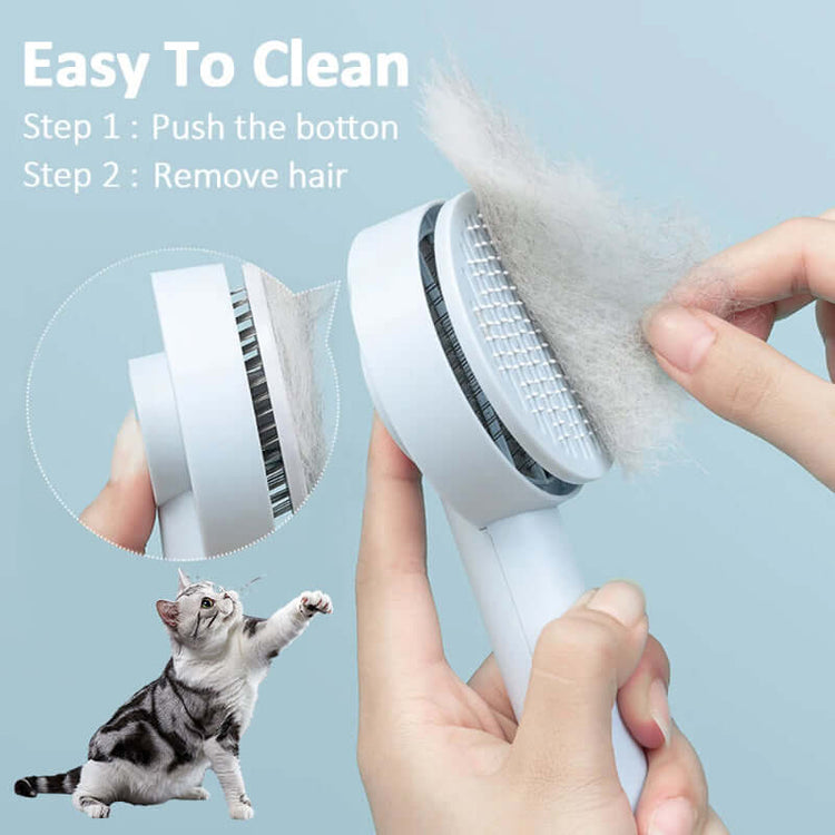 Easy to clean pet detangling comb for dogs and cats with retractable bristles removing hair.