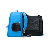 Portable cat carrier travel backpack in blue, designed for pet travel with solid construction and mesh panels.