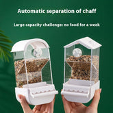 Automatic feeder for parrots showcasing two food dispensers with chaff separation feature.