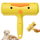 Reusable pet hair remover roller in bright yellow color with dog and cat images, perfect for anti-shedding.