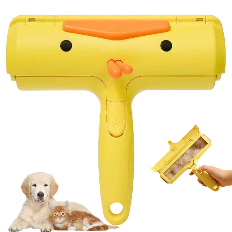 Reusable pet hair remover roller in bright yellow color with dog and cat images, perfect for anti-shedding.