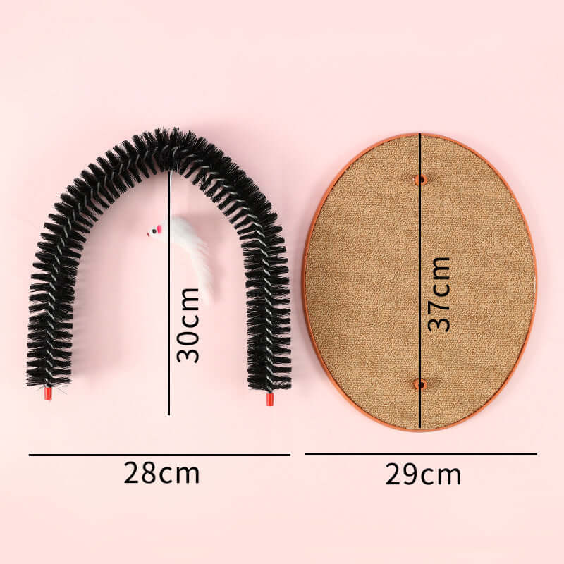 Cat anti-itch scratch device featuring a grooming arch and scratching pad, showcasing dimensions and design details.