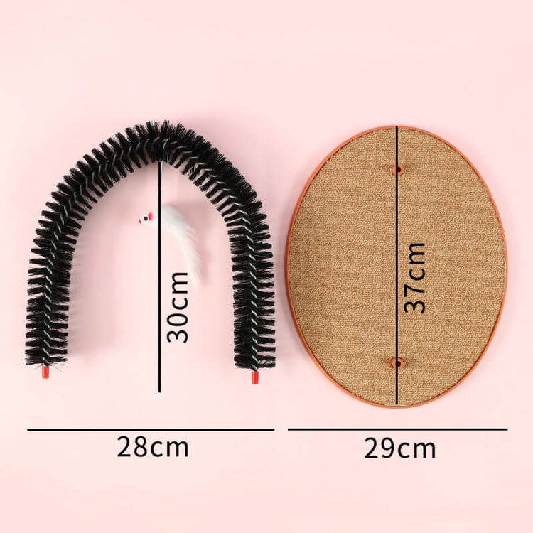 Cat anti-itch scratch device featuring a grooming arch and scratching pad, showcasing dimensions and design details.