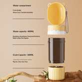 Portable dog water bottle dispenser with water and grain compartments, suitable for outdoor adventures.
