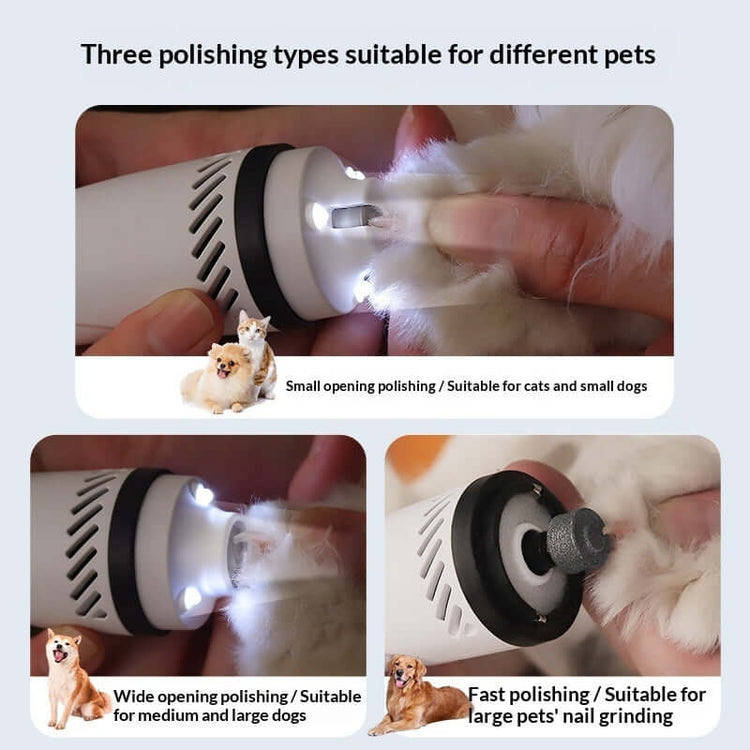 Image of dog and cat nail clippers showing three polishing types for different pets.