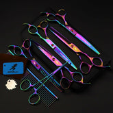 Colorful 5-piece professional pet grooming scissors set, featuring 7.0-inch stainless steel scissors for dogs and cats.