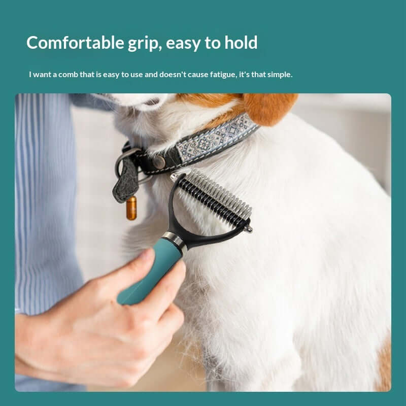 Comfortable grip on multifunctional pet grooming comb for easy pet grooming and reduced fatigue.