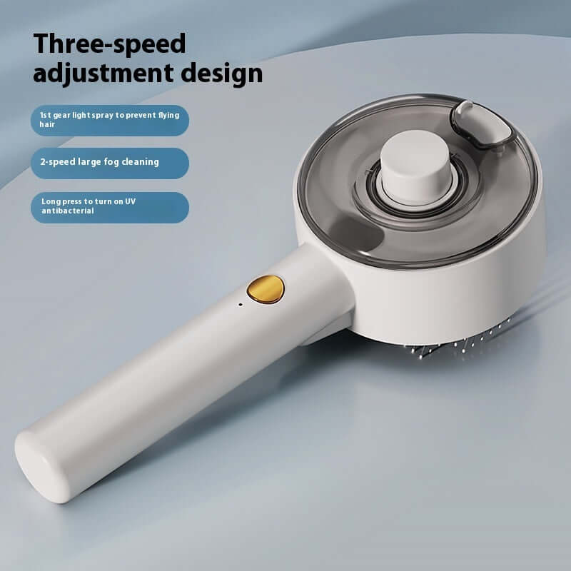 Steam grooming brush for pets with three-speed adjustment design and UV antibacterial feature.