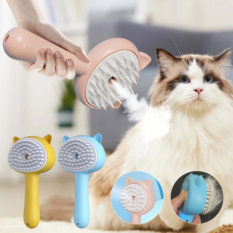 Steam cleaning grooming brush for cats in use, featuring a misting function for efficient pet grooming.