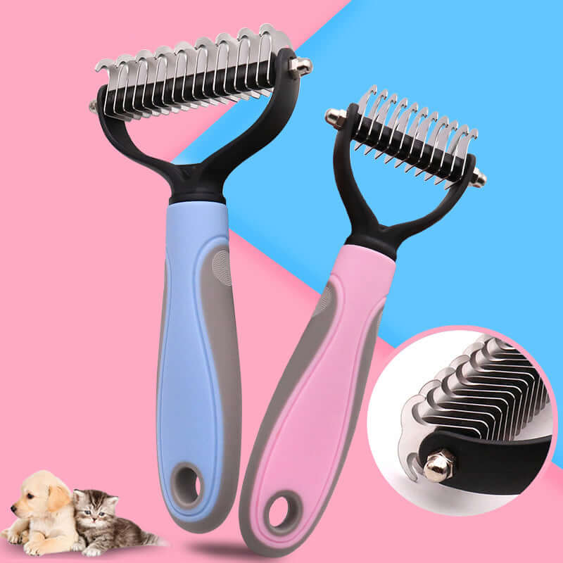 Double-sided pet brush for shedding, featuring ergonomic handles and dual combs for efficient hair removal.