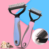Double-sided pet brush for shedding, featuring ergonomic handles and dual combs for efficient hair removal.