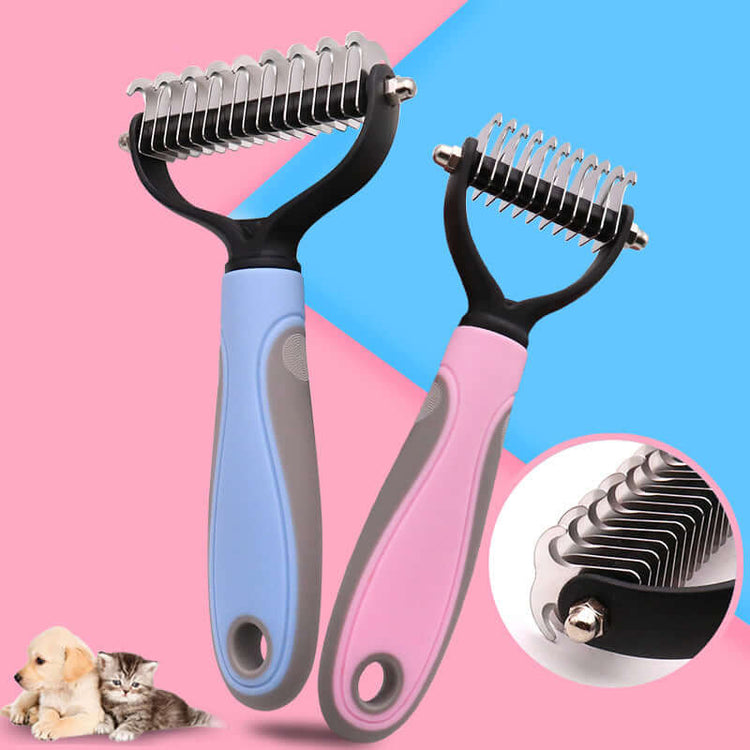 Double-sided pet brush for shedding, featuring ergonomic handles and dual combs for efficient hair removal.