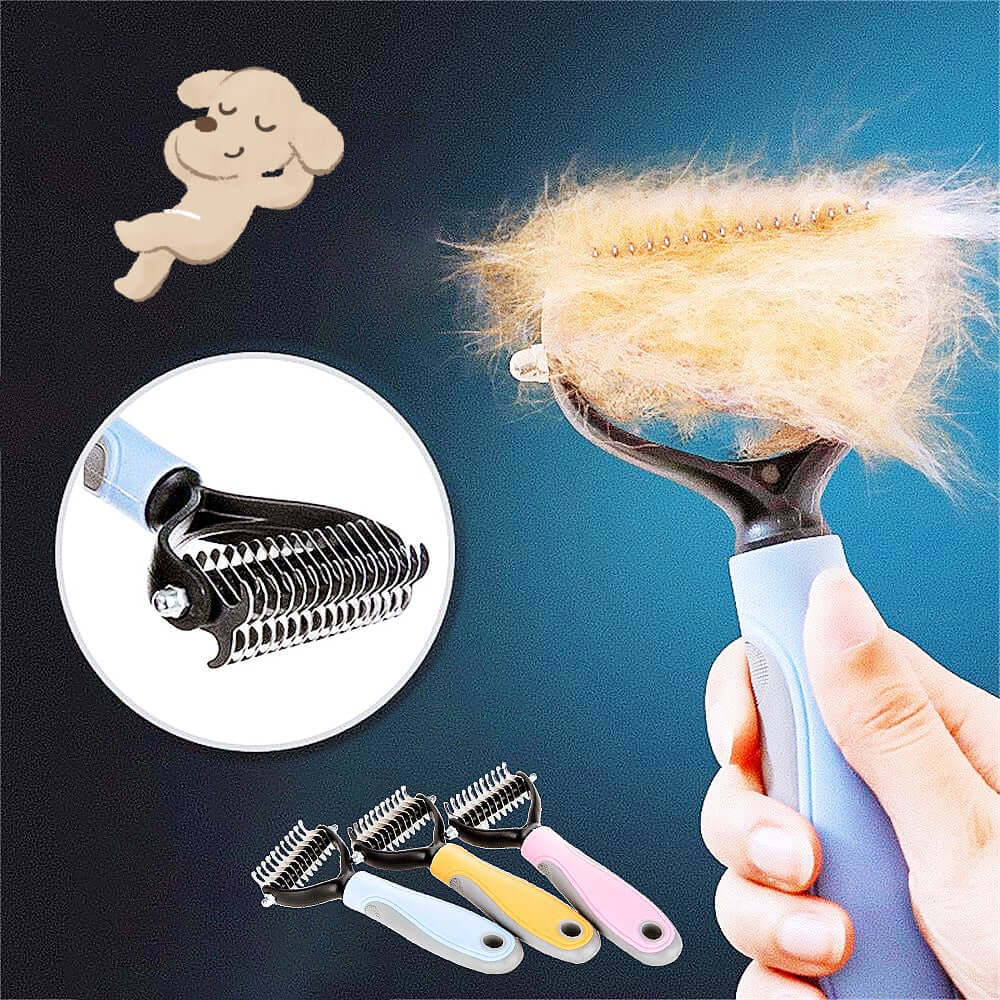 Double-sided pet brush for shedding with collected fur and two styles of the brush for dogs and cats.
