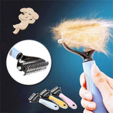 Double-sided pet brush for shedding with collected fur and two styles of the brush for dogs and cats.