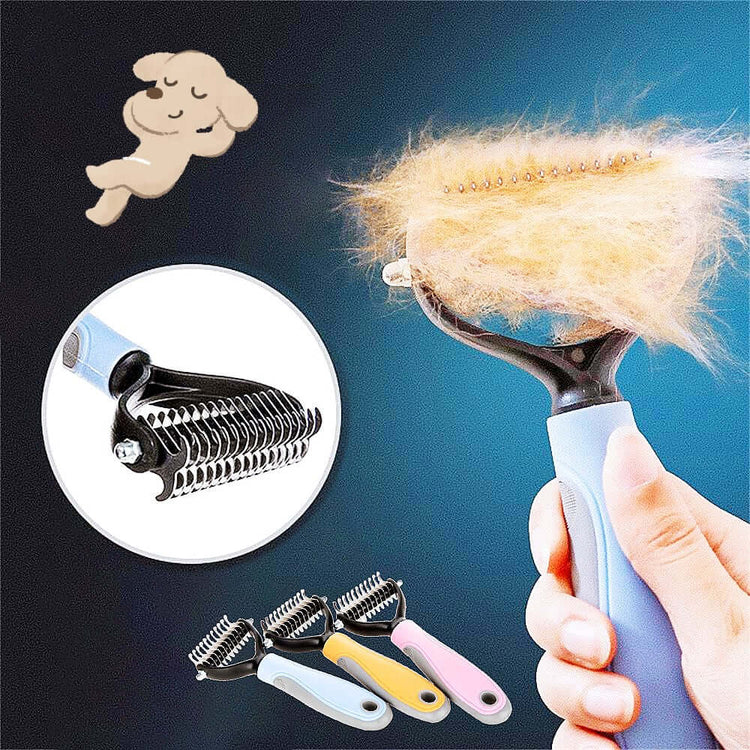 Double-sided pet brush for shedding with collected fur and two styles of the brush for dogs and cats.