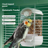 Automatic feeder for parrots in a birdcage, providing a convenient food dispenser for pet birds.