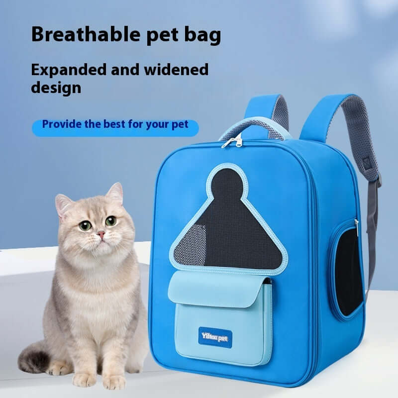 Breathable cat carrier travel backpack in blue for comfortable pet travel.