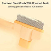 Precision steel comb with rounded teeth for gentle pet grooming, ideal for one-click pet grooming brush use.