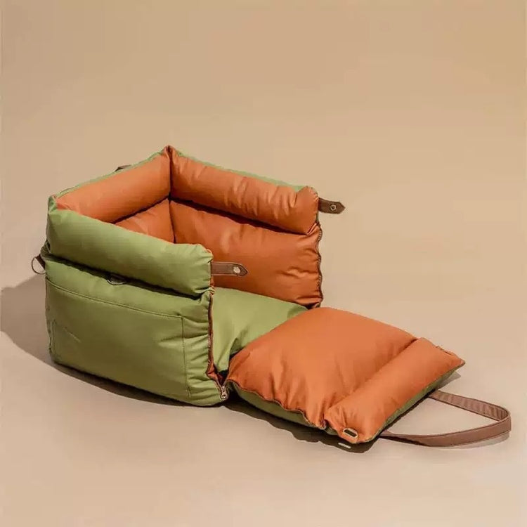 Waterproof pet car seat cover in green and orange colors, designed for all seasons and easy cleaning.